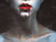 Zombie vampire woman with bloody lips. Fashion glamour halloween art design concept with copy space and scratches